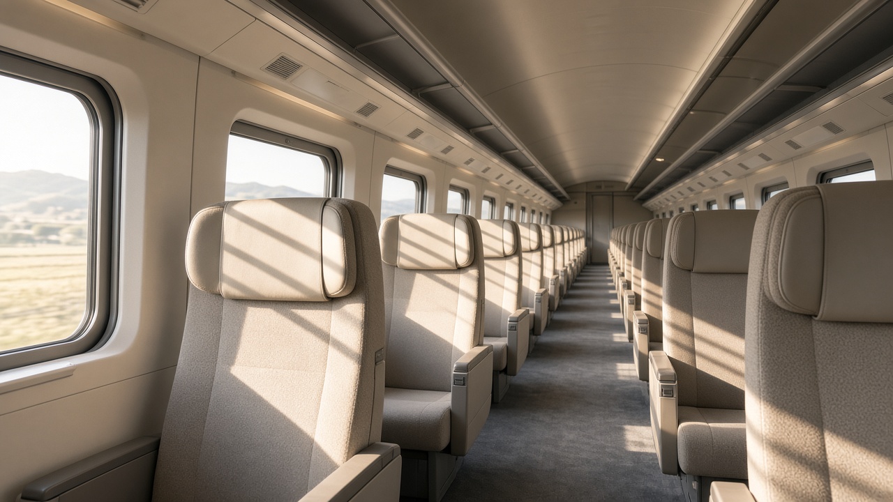 Rows of reserved seats inside a high-speed train car