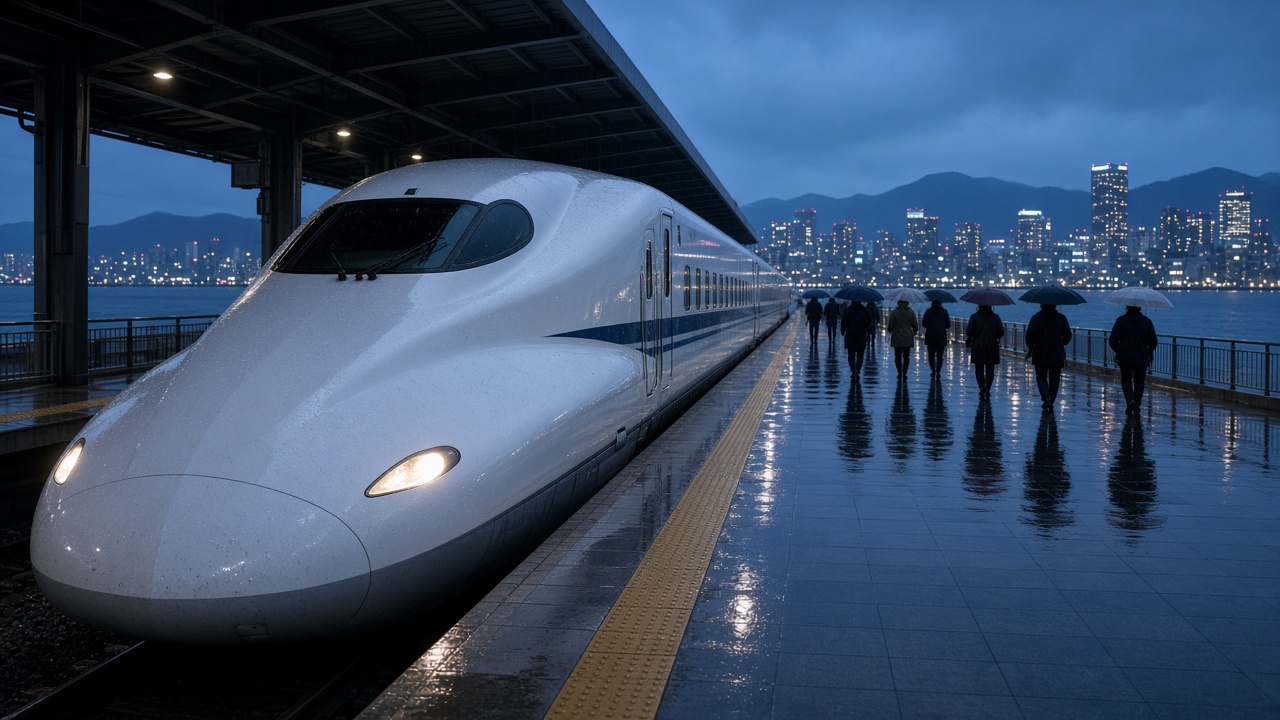 Travelers waiting on a tiled platform as a train arrives